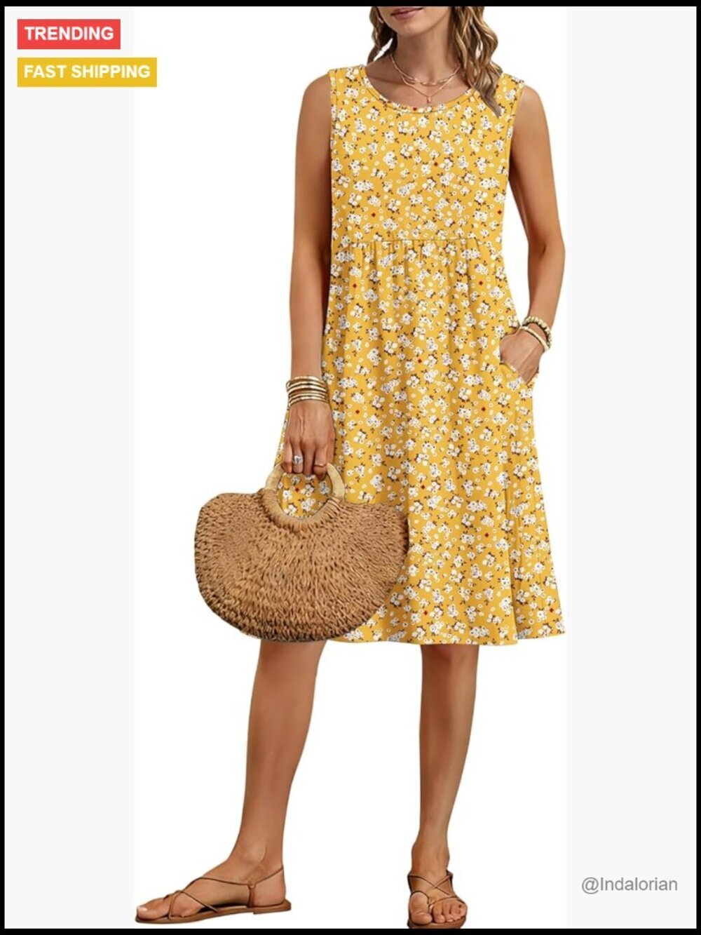 Sleeveless Knee Length A-Line Sundress with Pockets Crew Neck Loose Fit Summer